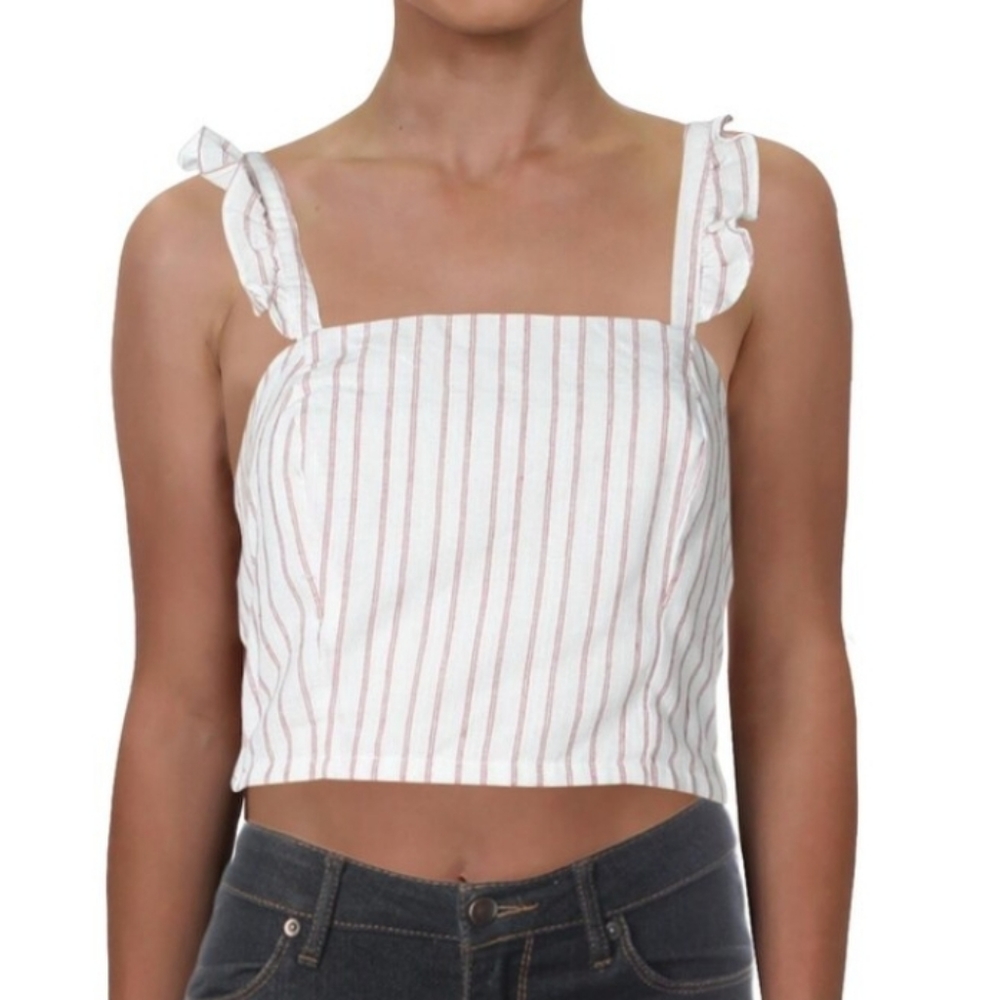 Aqua Womens Crop Top Striped Ruffled White/Red